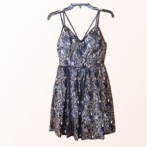 Emerald Sundae Navy/Gold Peacock Feather Sequin Mini Dress, Full skirt (3)